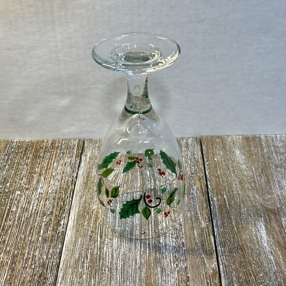 Libbey Holly and Berries Glass Stemware (5) Wine Glasses Water Goblets 12 oz - Picture 6 of 6